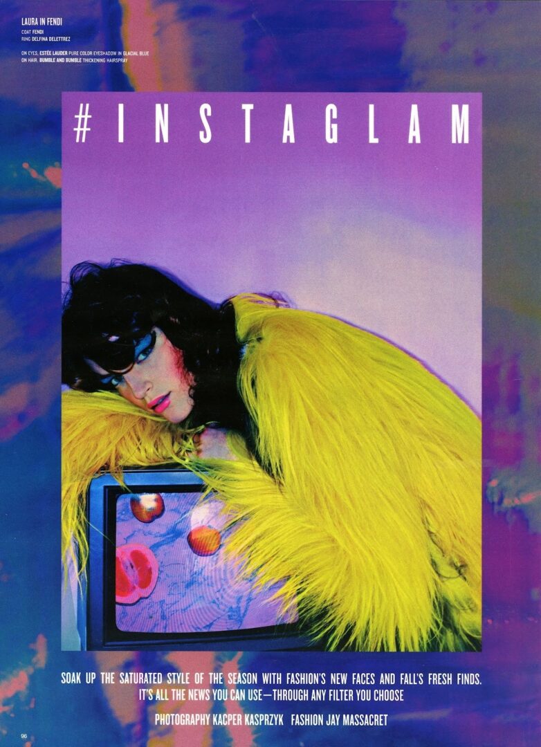 The cover of instagram featuring a woman in a yellow fur coat.