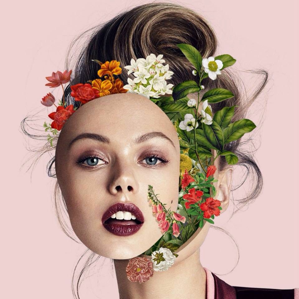 A woman's face with flowers on it.