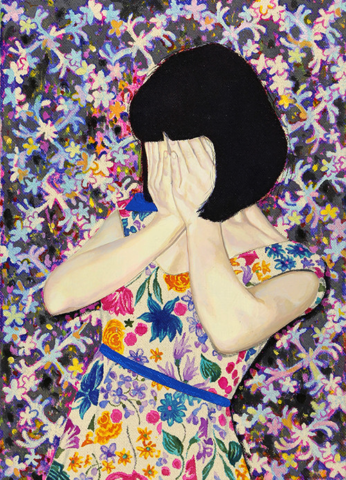 A painting of a woman covering her face with her hands.