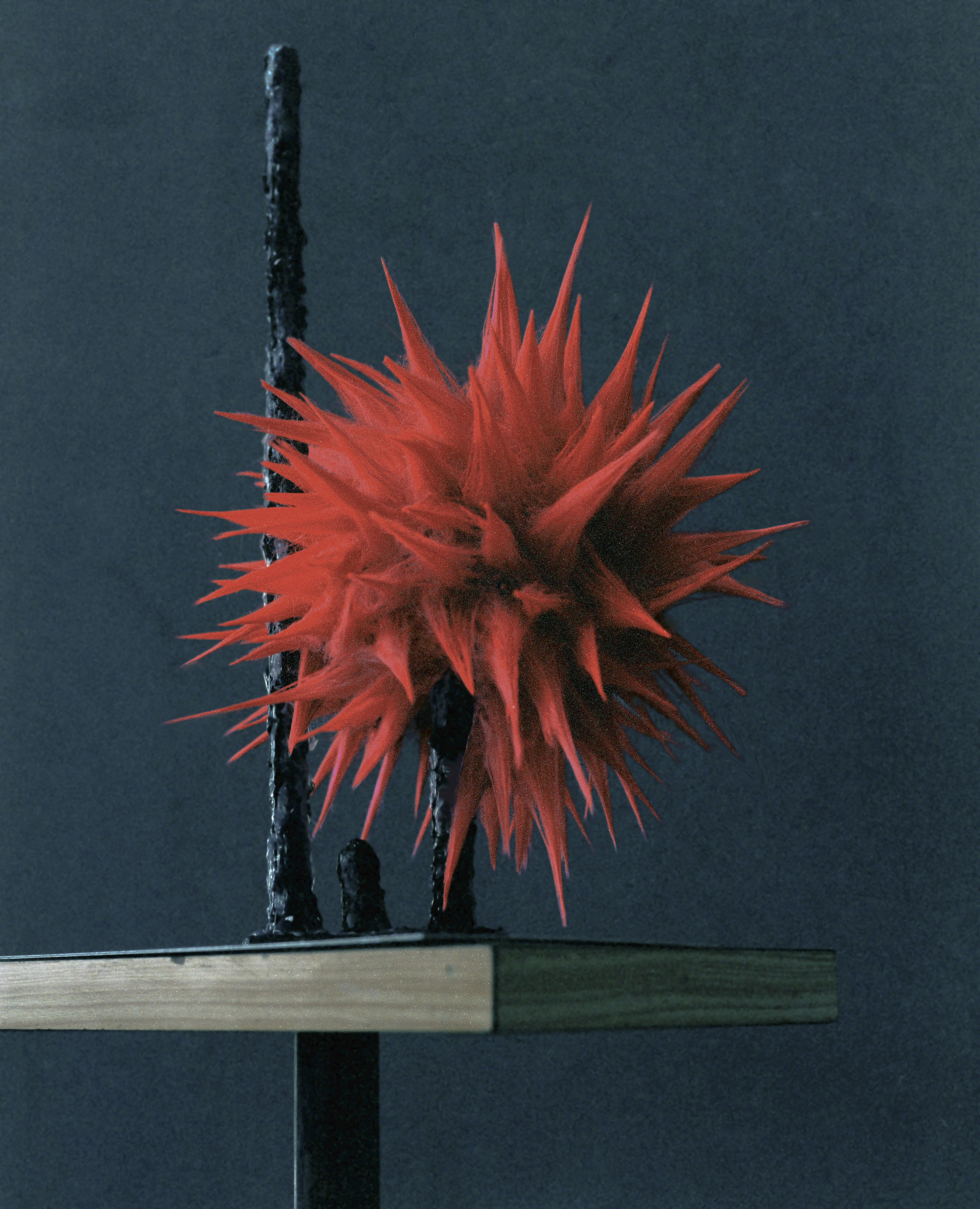 A red spiky ball sculpture on a wooden table.